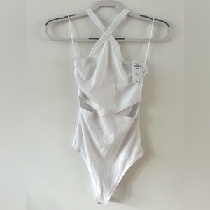 Abercrombie & Fitch White Soft Rib Side Cutout Halter Neck Bodysuit, Medium NWT